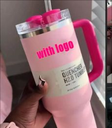 DHL Pink Flamingo H2.0 40 oz Tumbler-bekers met handvat geïsoleerde deksel rietje roestvrijstalen koffiebeker Reisautomokken met 1:1-logo 333