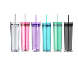 Sea 16oz Skinny Acrylique Gobelets Couleurs mélangées Gobelets transparents en plastique Double paroi Portable Facile à prendre Tasses à café transparentes avec couvercle et paille DIY Custom