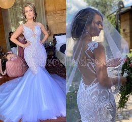 DHL Sheer Back Sirène Robes De Mariée De Luxe Dentelle Appliqued Perlé Jewel Cou Arabe Aso Ebi Plage Jardin Château Weddin