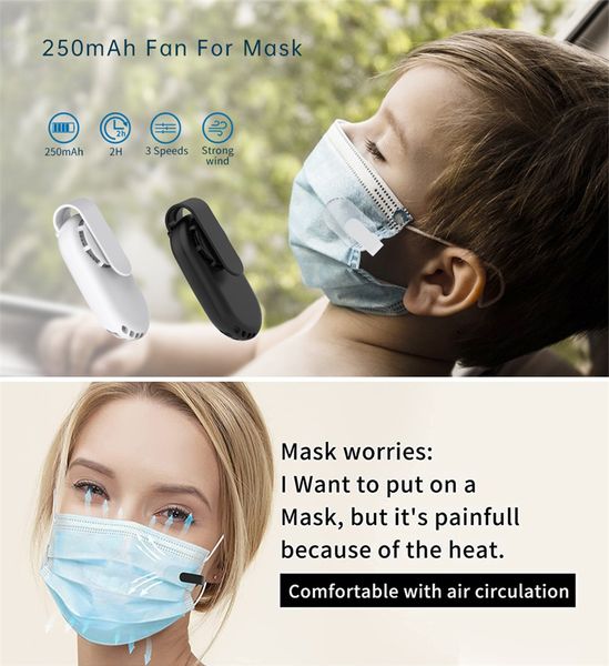 DHL SHIP Máscara facial creativa Ventilador de aire Enfriamiento fresco Verano Pequeño USB Mini ventiladores Ventiladores de clip de protección recargables Portátil Reutilizable Mudo con clips
