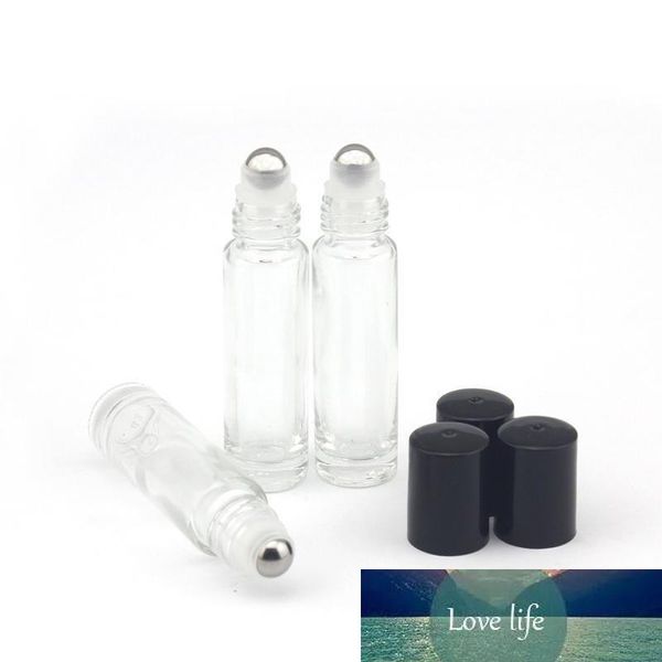 DHL expédition 10 ml épais verre transparent rouleau sur souhait bouchon noir huiles essentielles flacons vide bouteille de parfum 10cc en acier inoxydable Roller Ball