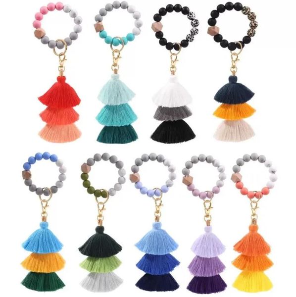 DHL Silicone Perles Bracelet Porte-clés Party Favor Trois Couches Coton Gland Poignet Porte-clés Perle Bracelet Porte-clés Femmes Sac Pendentif Décoration En Gros