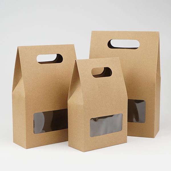 DHL Stand Up 10*6*16 cm 150 Pcs/Lot papier Kraft brun paquet cadeau boîte à poignée avec fenêtre transparente rectangulaire pour boîte d'emballage de bonbons aux noix