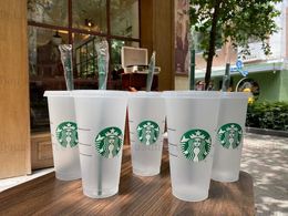 DHL Starbucks 24oz/710ml Plastic Tumbler herbruikbaar Clear Drinking Flat Bottom Cup Pilaar Deksel Deksel Stro Mok Bardian 10 PCS 1 CVTP