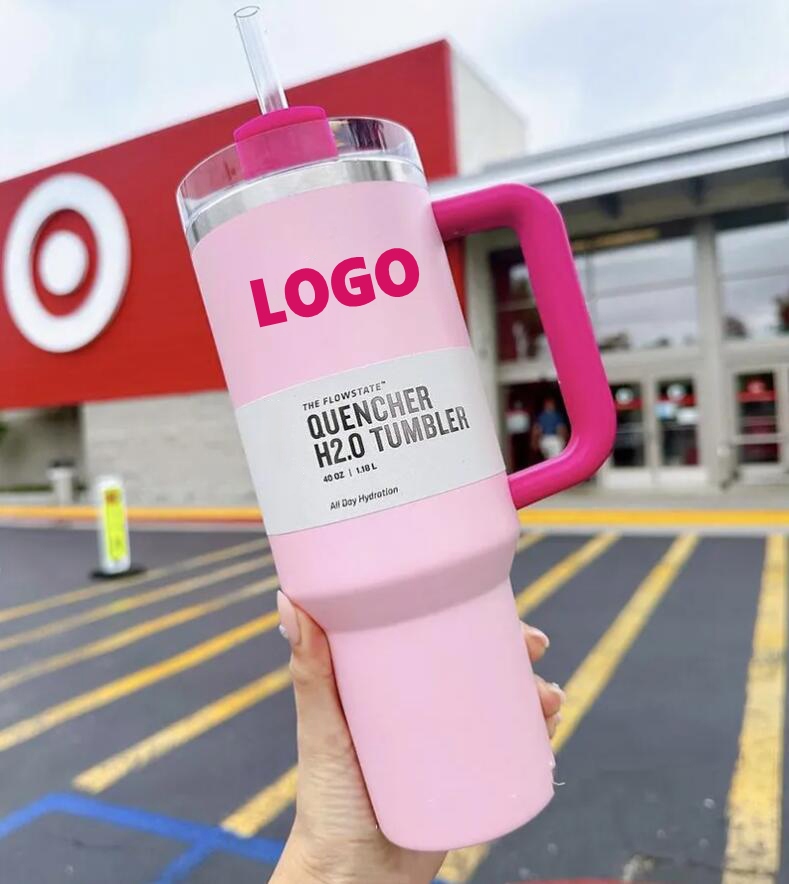 Американский стакан с розовым фламинго Quencher H2.0 1:1, копия с логотипом, чашки из нержавеющей стали на 40 унций, ручка с крышкой и соломой, автомобильные кружки 2-го поколения, бутылки с водой GG1227