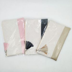 Dhl100pcs cosmetische zakken sublimatie diy wit dubbelzijdig blanco linnen patchwork pu proteerbare make -uptas met kwastje