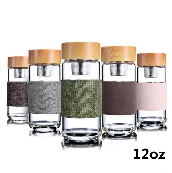 DHL12oz Botellas de agua de vidrio Taza de té de oficina redonda resistente al calor con infusor de té de acero inoxidable Taza de té Taza de té Vasos de coche 2022