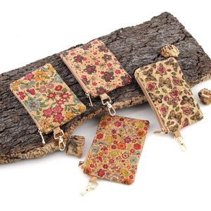 Porte-monnaie en liège avec impression florale et papillon, sac portable à ligne d'oreille courte avec porte-clés, dhl 500 pièces