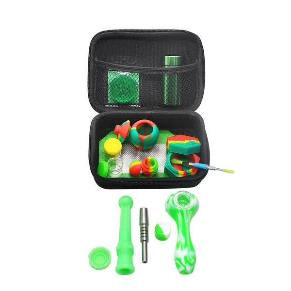 DHLTobacco Bag Set En Plastique Fumer Herb Grinder Pot De Stockage En Métal Étain Silicone Pipe À Fumer Un Hitter Dugout Machine À Rouler 1set 12pcs