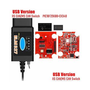 Outils de diagnostic Elm327 V1.5 USB Scanner de véhicule Switch Pic18F25K80 Ftdi / Ch340 HS-CAN / MS-CAN Scanelm 327 1.5 pour Ford Obd2 Outil de voiture Dr DHLPU