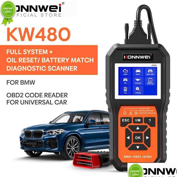 Herramientas de diagnóstico Nuevo Konnwei Kw480 Obd2 Escáner para automóviles Obd 2 Abs Airbag Srs Oil Rest FL Systems Herramienta de diagnóstico Batería Match E38 E4 Dhriw