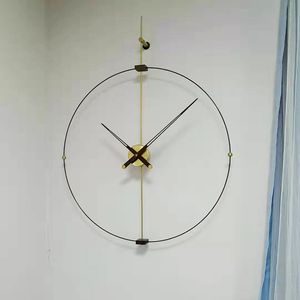Diamètre 60CM Horloge murale espagnole minimaliste moderne nordique avec échelle 3/9 unipolaire unipolaire noyer noir grand cadran horloge muette