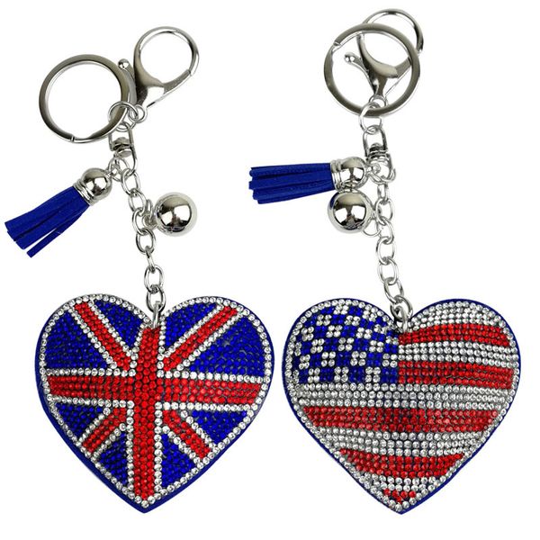 Porte-clés drapeau américain en diamant, pendentif en forme de cœur, pompon, cadeaux créatifs