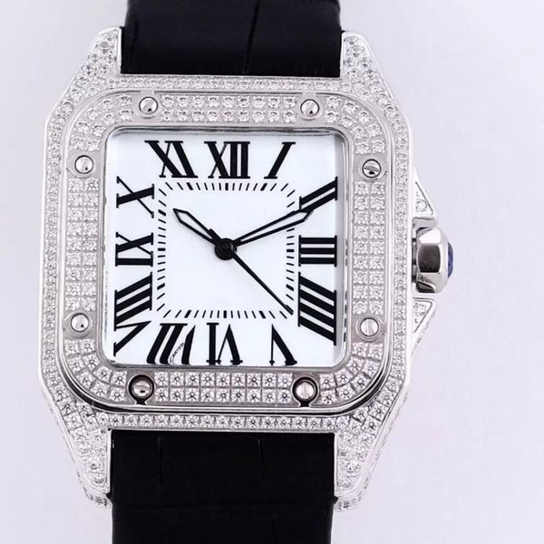 Boîtier en acier inoxydable 316 Diamond Automatic de 40 mm serti d'un bracelet en cuir de vachette étanche avec strass Swarovski