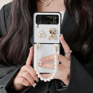Diamond Bear Bracelet en perles en cuir PU rigide pour PC, design hybride pliable, résistant aux chocs, anti-rayures, protection intégrale pour Samsung Galaxy Z Flip 3 5G Flip3