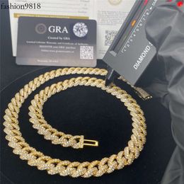 Boîte en diamant fermoir 10 mm Pass Tester Diamond Iced Out Hip Hop Moisanite Bijoux Cubaine Chaîne Gold Collier Cubain Miami Cubain