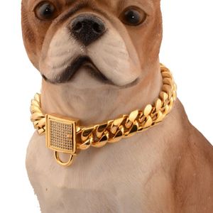 Chaîne de chien à boucle en diamant 14MM, collier de chien en acier inoxydable, chaîne en or pour animal de compagnie, collier de chien et chat, accessoires 269W