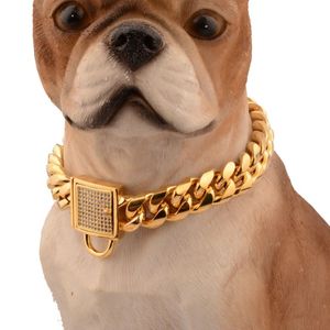 Chaîne de chien à boucle en diamant 14MM, collier de chien en acier inoxydable, chaîne en or pour animal de compagnie, collier de chien et chat, accessoires 261r