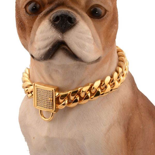 Chaîne de chien à boucle en diamant 14MM, collier de chien en acier inoxydable, chaîne en or pour animal de compagnie, collier de chien et chat, accessoires 341k