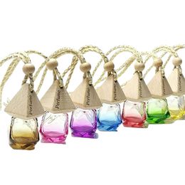 Diamant auto parfum fles hanger Essentiële olie diffuser hanger glas ornamenten rhombische lege flessen houten deksel luchtverfrisser hy0466