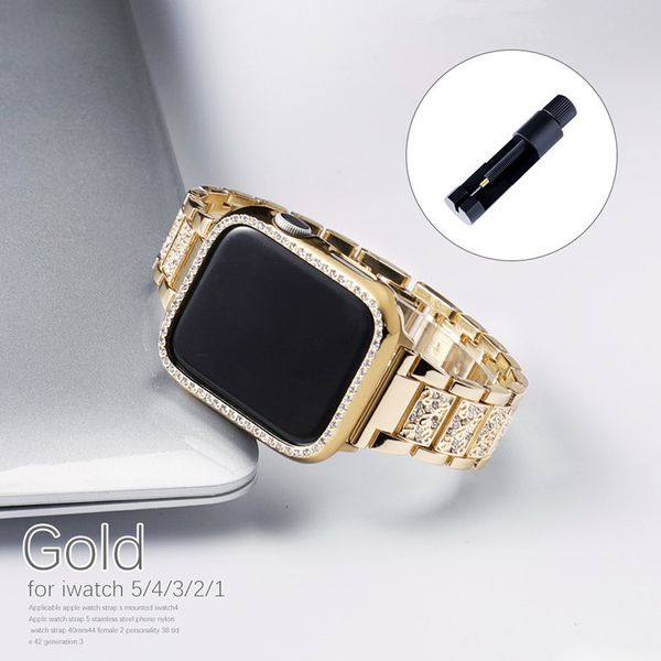 Cajas de diamantes + Joya de imitación Correa de reloj inteligente para Apple Band 41 mm 45 mm 40 mm 38 mm / 42 mm Correa de acero inoxidable ajustable Pulsera de vaquero pulsera iwatch 7 6 5 4 3 2 1