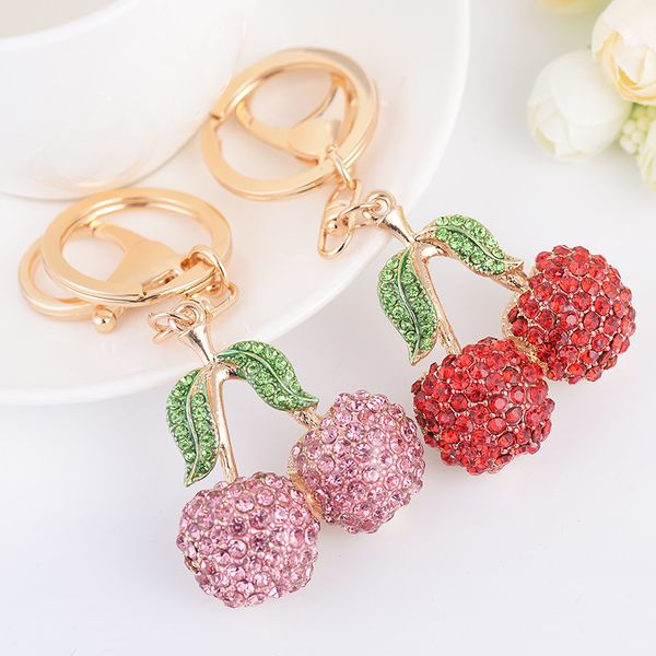 Diamante cereza con hojas verdes encanto monedero colgante bolso coche llavero llavero de metal fiesta boda Favor regalo de cumpleaños rojo rosa