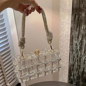 Diamant clair acrylique boîte soirée pochettes femmes Boutique tissé noué corde strass sac à main et sacs à main fête de mariage Ins 240118