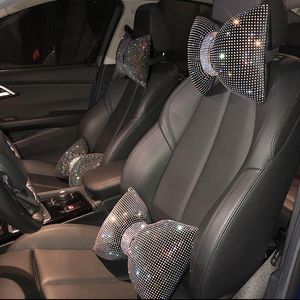 Diamond Crystal Bowknot Neck Pillow Rhinestone Auto Headrest Seat Support Waist Pillows Bling Car Accessories for Women