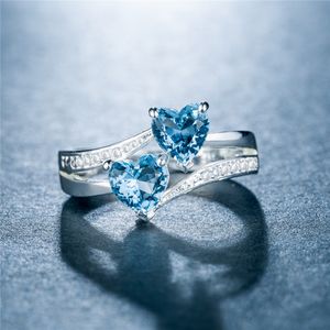 Diamant Dubbel Hart Zirkoon Ring Cluster Dubbellaags Gmestones Engagement Trouwringen voor Vrouw Meisjes Vanlentine's Gift
