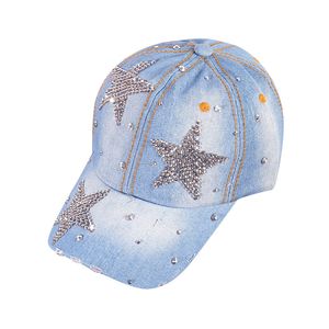 Diamant-ingebedde honkbalcaps Koreaanse zomers Sun Sun Hat Denim Letters Rhinestone Peak Snapback hiphop hoed