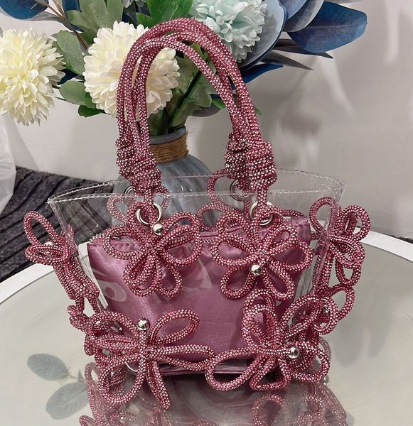 Bolsos de mano de playa transparentes con flores de diamante para mujer, Boutique de vacaciones de verano, bolsos y bolsos de mano tejidos hechos a mano con diamantes de imitación para boda