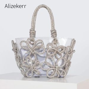 Diamond Flower Transparent Tote Sacs Femme Boutique Holiday Summer Handled Fonds Woven Place Planches et sacs à main Wedding 240411