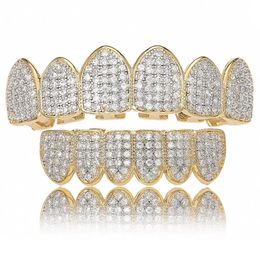 Grilles de diamant 18KT Gold Filled Entièrement Glacé Micro Pave CZ Haut et Bas Face Bouche Grills pour les dents Hip Hop Bijoux