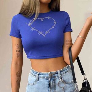 Diamond Heart Pattern Y2K Crop Tops pour filles T-shirts féminins à manches courtes Summer Kawaii O-Cou Casual Tee Shirt 210510