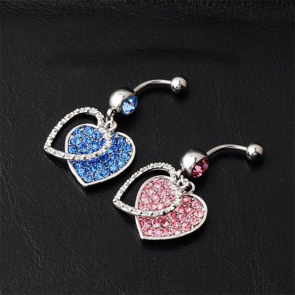 Anillos de ombligo con incrustaciones de diamantes, joyería de perforación en forma de corazón, accesorios de anillo de vientre de acero para uñas umbilicales