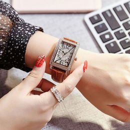 Diamant de luxe dames montre Fashopn femmes montres moderne strass rectangle cadran bracelet en cuir montre-bracelet à quartz pour les filles dame 297V
