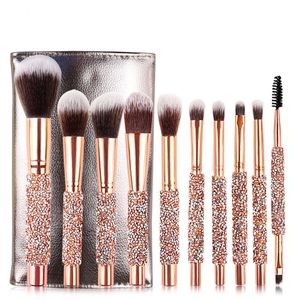 Juego de brochas de maquillaje de lujo con diamantes, 10 Uds., brocha dorada para mezclar bases en polvo, brocha para ojos y rostro con estuche, Kit de herramientas de maquillaje profesional