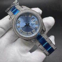 Reloj de hombre con diamantes, movimiento automático 2813, caja de pedrería CZ, números romanos engastados con diamantes, correa de esfera azul, reloj de edición especial