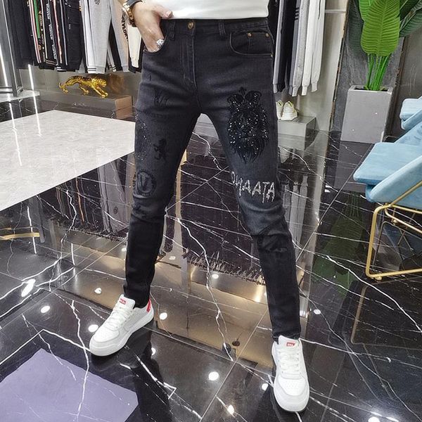Diamant hommes jean marque de mode homme pantalon serré nouveau artisanat lourd impression Stretch coupe polyvalent noir mâle crayon pantalon
