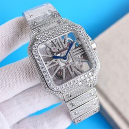 Diamantheren horloge luxe skeletwork 40 mm kwarts beweging saffier glas ontwerper horloges diamant armband vouwen gesp buckle zilverachtige hoogwaardige polshorloge