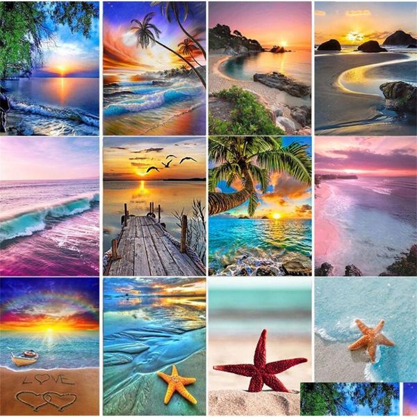 Diamond Painting 5D Kits Beach Scene Fl Drill Diamantes redondos Crystal Gem para la decoración de la pared del hogar 12X16Inch Drop Delivery Garden Arts Dhrwy