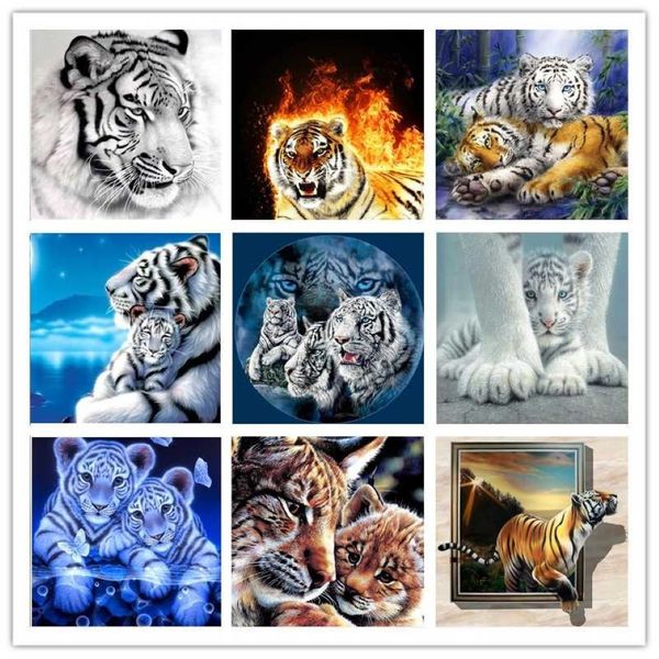Pintura de diamante 5D Tigre, mosaico completo de diamantes, punto de cruz de animales, bordado moderno de dibujos animados, imágenes de resina para el hogar 323j