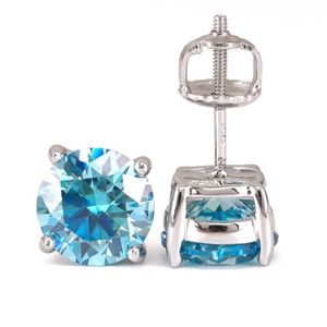 Diamante aprobado prueba 1CT 2CT Pendientes redondos de moissanita azul Studs para hombres y mujeres Pendientes de plata 925 Bling Studs Bonito regalo para amigos