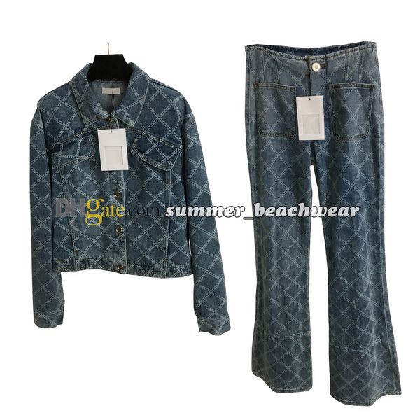 Veste en Jean à motif diamant pour femme, manteau en Jean imprimé floral, taille haute, pantalon évasé, pantalon deux pièces