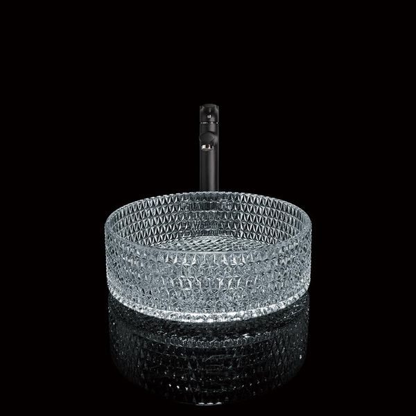 Diseño de patrón de diamante transparente redondo baño hecho a mano lavabo encimera lavabo cristalería templada Sink213L