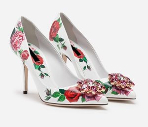 Diamond Pink Livrat Free 2019 Stiletto High Heels Pildage pointu Pisley Paisley Printed Rose Flors Robes Shoes Party Wedding White 01 5