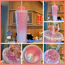 Taza de diosa radiante de diamante, vaso de verano con paja, taza de café Durian de plástico de doble capa, taza de café a escala de pescado 240105