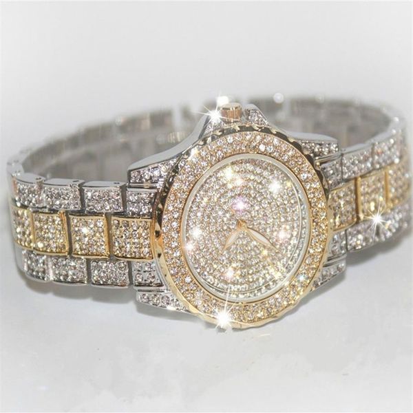 Relojes de oro y plata de lujo con diamantes de imitación, relojes de pulsera de alta calidad para hombre y mujer