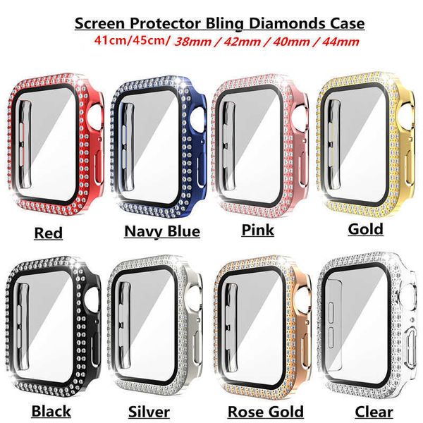 Diamond Screen Protector watch Case para Apple iWatch 45mm 44mm 42mm 41mm 40mm 38mm Bling Crystal Full Cover Fundas protectoras PC Bumper con