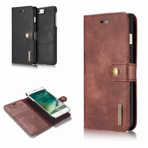 DG.MING Étuis portefeuille en cuir pour iphone 15 Pro MAX 14 Plus 13 12 11 XR XS 8 7 6 2in1 Magnétique Amovible Amovible Flip Cover Bouton en métal Porte-cartes de visite Pochette